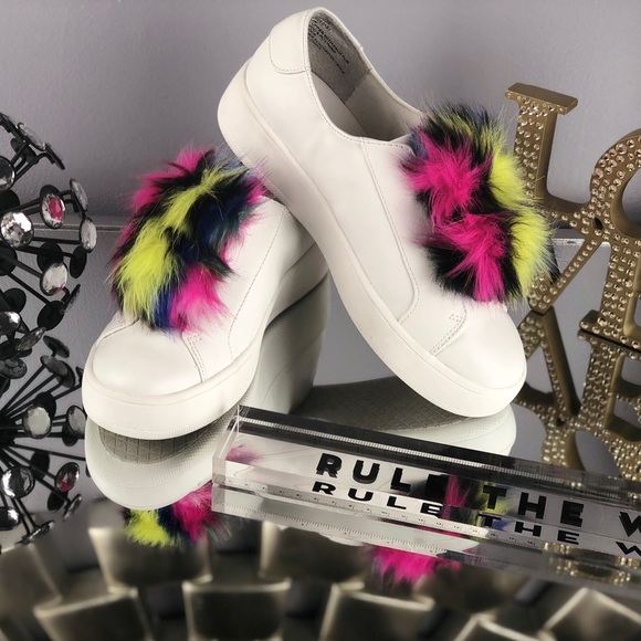 Steve Madden White Multicolor Fur Ball Sneakers - Picture 2 of 8
